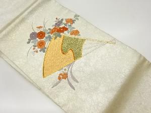 リサイクル　金駒刺繍扇に花々模様名古屋帯